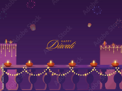 Happy Diwali Celebration Background With Buildings, Balcony Decorated From Lit Oil Lamps (Diya) And Lighting Garland.
