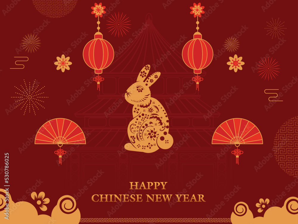 Happy Chinese New Year Font With Elegant Rabbit, Folded Fans And Traditional Lanterns Hang On Red Heaven Temple Background. Happy Chinese New Year Font With Elegant Rabbit, Folded Fans And Traditional Lanterns Hang On Red Heaven Temple Background.