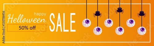 Happy Halloween  sale flyer with Halloween elements. Eye with spider and web. Vector illustration for poster, banner, special offer.