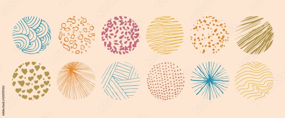 Set of round abstract colored hand drawn doodle shapes. Spots, drops, curves, lines. Backgrounds in the form of a circle of spots, lines, splashes, stripes and dots. Set of round abstract colored hand drawn doodle shapes. Spots, drops, curves, lines. Backgrounds in the form of a circle of spots, lines, splashes, stripes and dots.