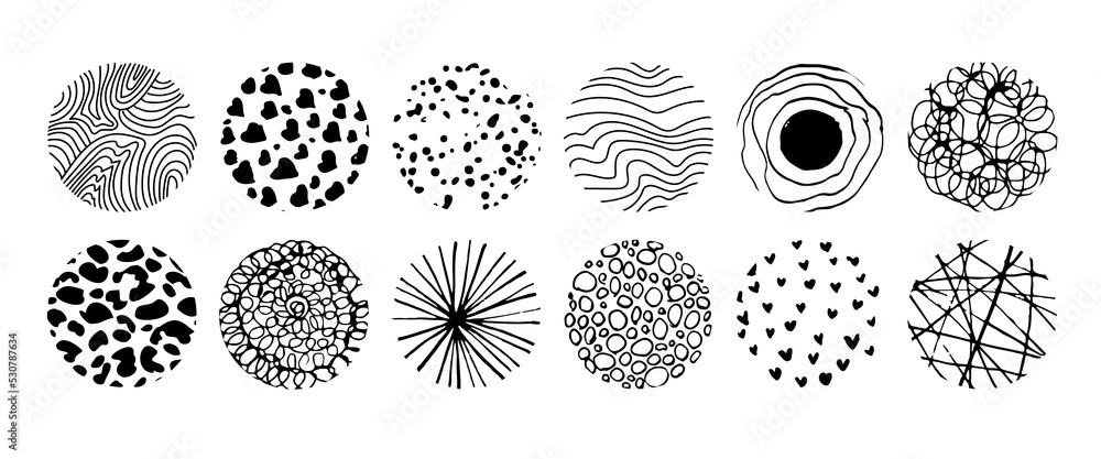 Set of round abstract black hand drawn doodle shapes. Spots, drops, curves, lines. Backgrounds in the form of a circle of spots, lines, splashes, stripes and dots.