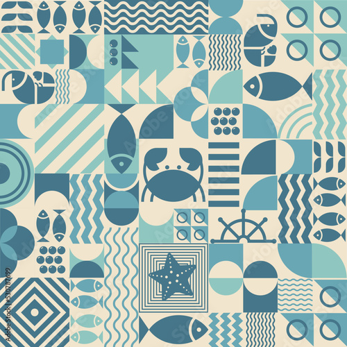 Seafood seamless pattern in Bauhaus style. Geometric poster with abstract geometry Bauhaus swiss. Fish, crab, shrimp, caviar in futuristic minimal shapes, forms