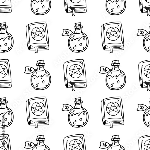 Halloween witchcraft seamless pattern. Vector illustration of doodle spell book, poison bottle, magic witchcraft occult symbol for web and textile design, wrapping papper, card, print