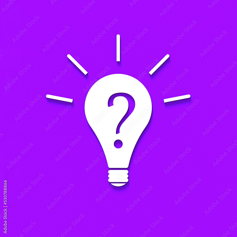 White light bulb with shadow on violet background. Illustration of symbol of lack of idea. Question mark. Square image. 3D image. 3D rendering. White light bulb with shadow on violet background. Illustration of symbol of lack of idea. Question mark. Square image. 3D image. 3D rendering.