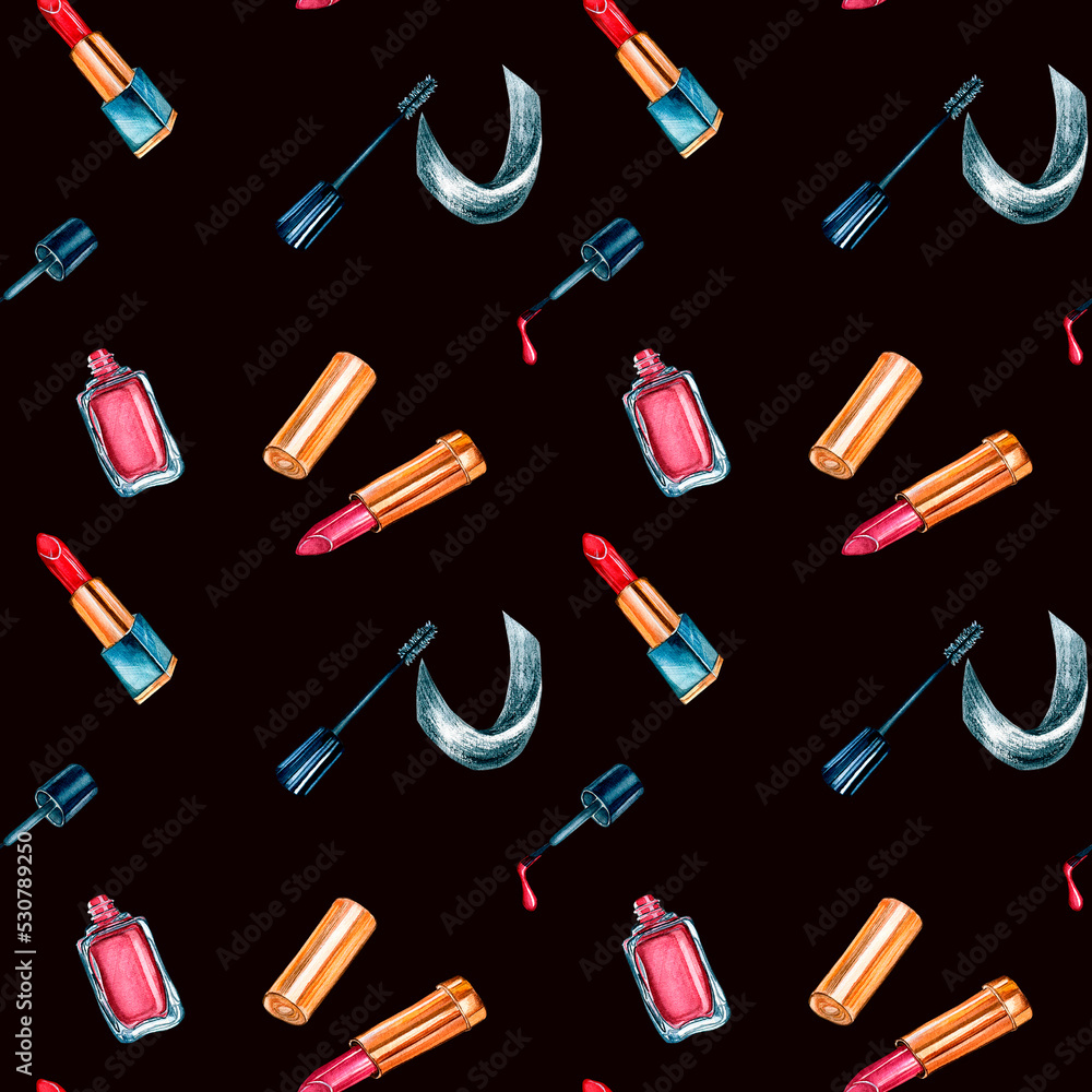 Obraz premium Beauty products watercolor illustration seamless pattern on dark background.