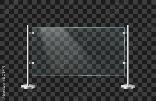 Glass balustrade with metal racks. Fencing sections with steel pillars. Realistic vector illustration isolated on transparent background.