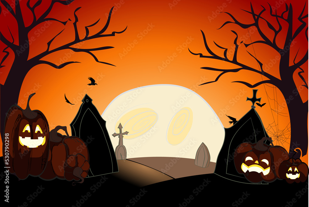 Happy Halloween banner or party invitation background with night clouds and pumpkins. Full moon in the sky, spiders web and flying bats. Place for text Happy Halloween banner or party invitation background with night clouds and pumpkins. Full moon in the sky, spiders web and flying bats. Place for text