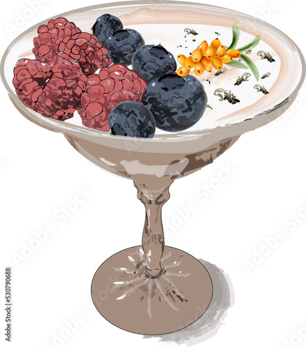 Panna cotta dessert in a glass with berry fruits vector. Vintage retro colors