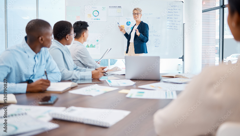 Team in office for chart presentation, coaching on whiteboard in marketing department or company boardroom. Corporate workers at table for meeting on analytics, business growth or teamwork training. Team in office for chart presentation, coaching on whiteboard in marketing department or company boardroom. Corporate workers at table for meeting on analytics, business growth or teamwork training.