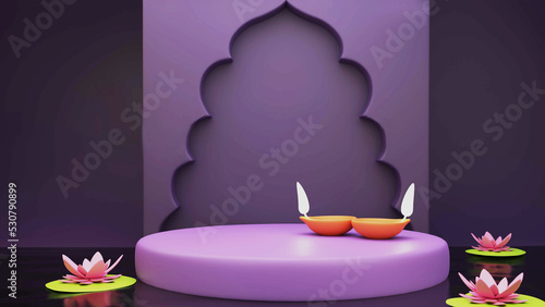 3D Render of Creative Temple Arch with Illuminated Oil Lamps  Diya  and Lotus Flowers  Indian Light Festival Happy Diwali Concept.