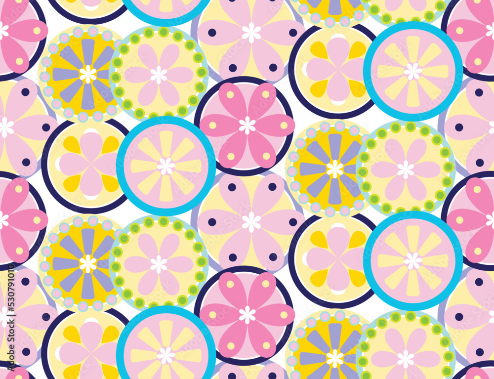 Abstract Circles Florals Geometric Retro Doodle Style Minimal Seamless Pattern Sweet Trendy Fashion Colors Perfect for Allover Fabric Print or Wrapping Paper
