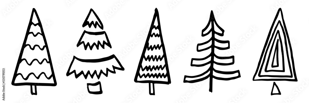 Hand drawn Christmas tree set, doodle black vector, linear style symbols collection Hand drawn Christmas tree set, doodle black vector, linear style symbols collection