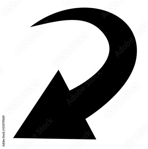 Curved arrow icon with sharp end. Black arrow indicating reverse turn. Direction pointer pointing to the left photo
