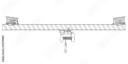 Outline of a mobile crane from black lines isolated on a white background. Front view. 3D. Vector illustration.
