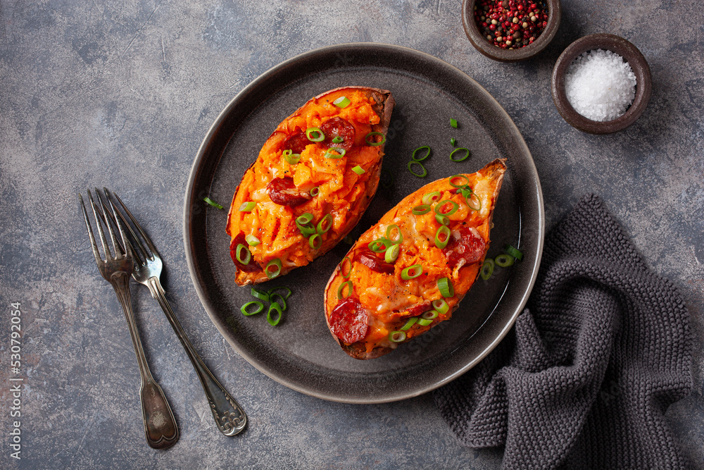twice baked sweet potato with cheese and chorizo sausage twice baked sweet potato with cheese and chorizo sausage
