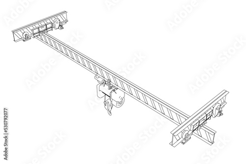 Outline of a mobile crane from black lines isolated on a white background. Isometric view. 3D. Vector illustration.