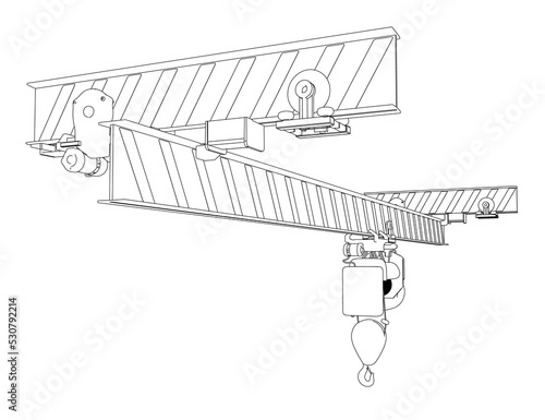 Outline of a mobile crane from black lines isolated on a white background. Perspective view. 3D. Vector illustration.