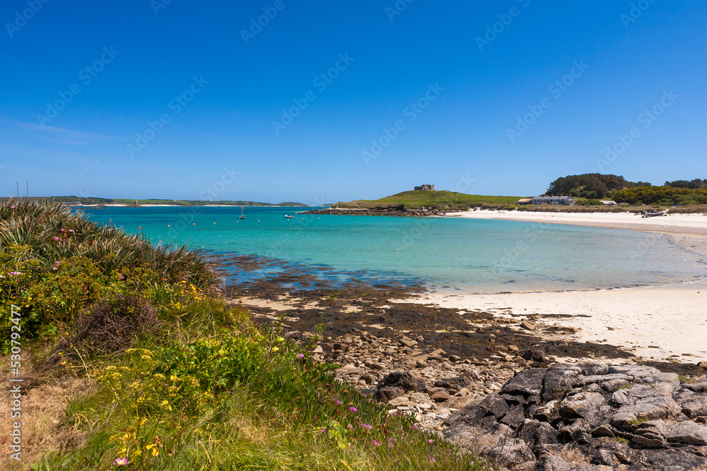 The beach at Green Porth, Old Grimsby, Tresco, Isles of Scilly, UK: empty on a glorious Summer's day