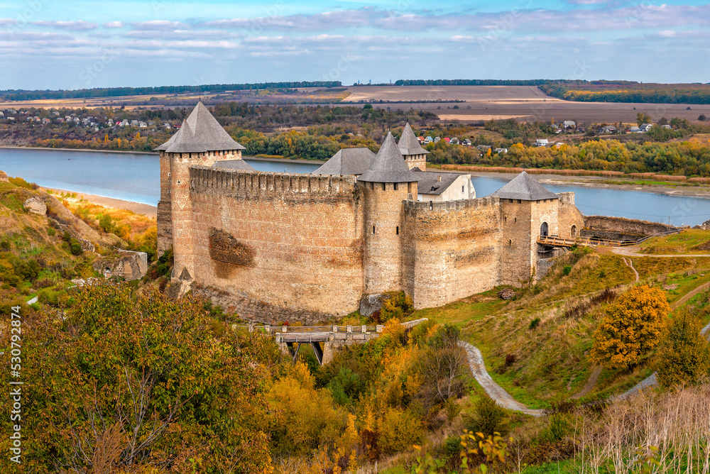 Beautiful view of The Khotyn Fortress. The most remarkable medieval landmark of central Ukraine