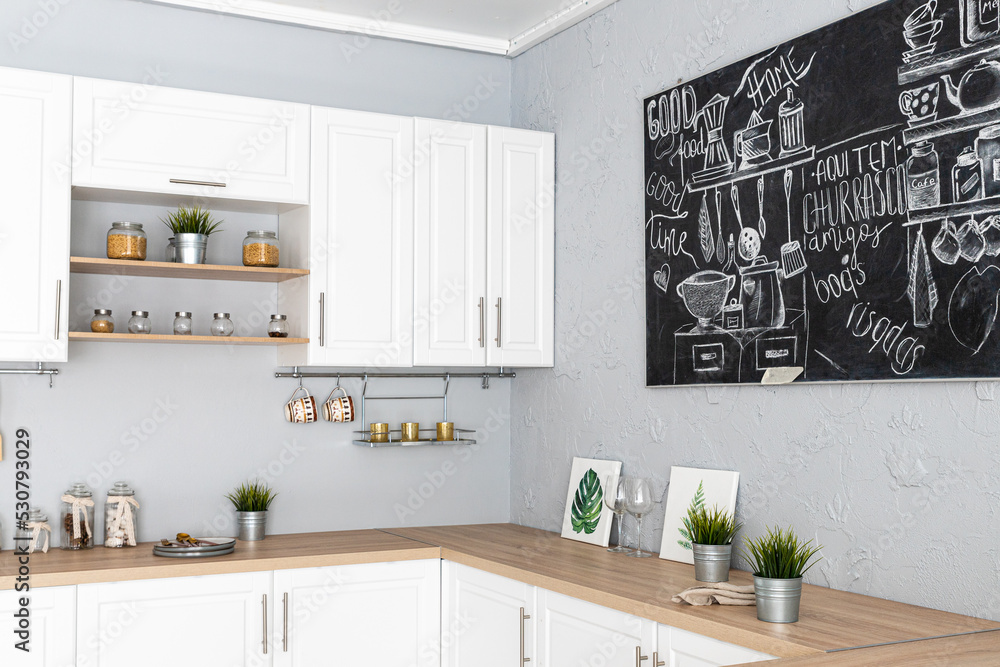 Fototapeta premium modern fancy white kitchen with potted home plants and black chalk board with drawings on the wall