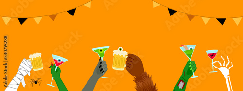 Halloween banner vector illustration, six monster hands; mummy, green witch, demon, werewolf, zombie, skeleton bone, holding spooky party cocktail drink glass on orange background, Autumn holiday