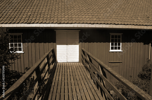 Water sawmill. Norway. Monochrome image