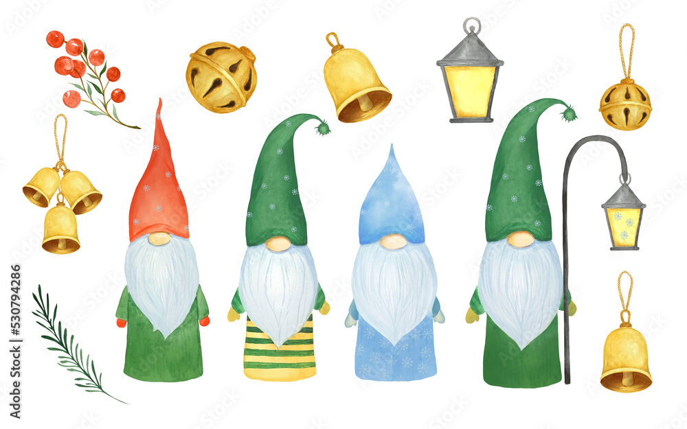 Naklejka premium Watercolor illustration of New Year's gnomes in hats isolated on white background. Christmas gnome in Scandinavian style. Decorative design element.
