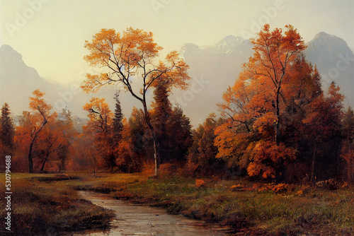 autumn scene with a tree over a small river,