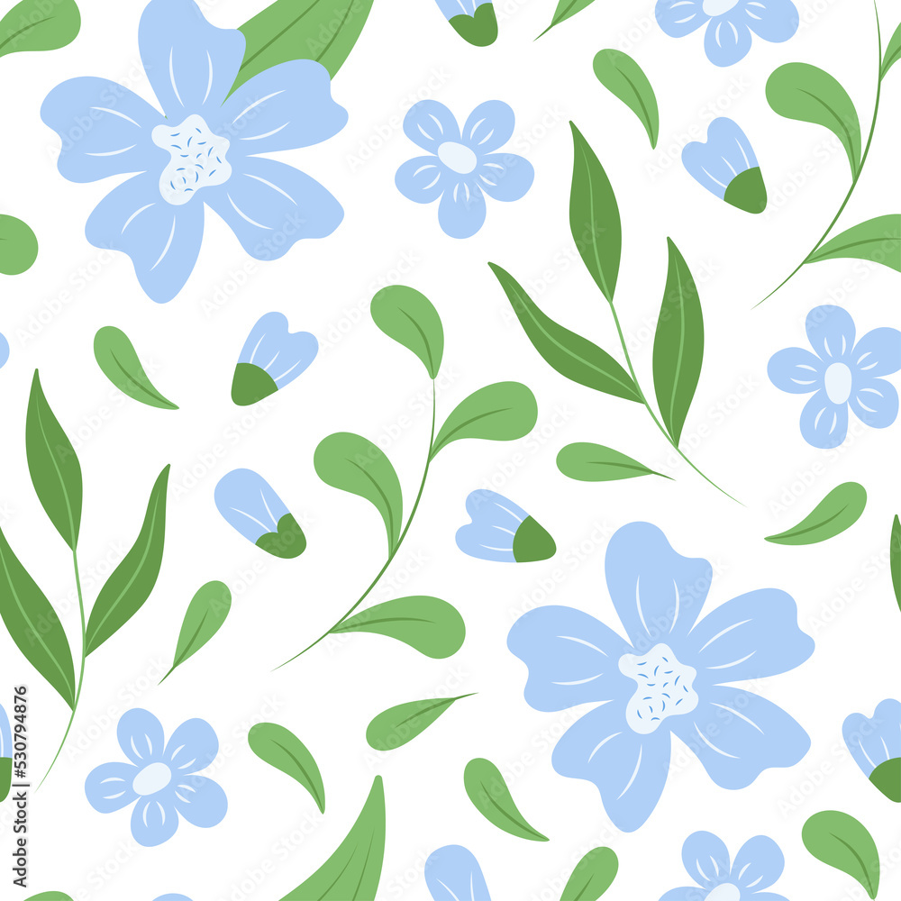 seamless pattern on white background blue flowers with leaves.  
