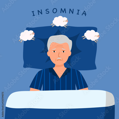 Senior man insomnia concept vector illustration. Sleeplessness problem.