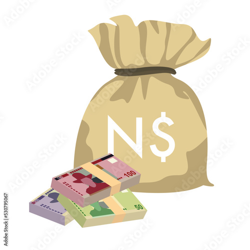 Namibian Dollar Vector Illustration. Namibia money set bundle banknotes. Money bag 100, 200 NAD. Flat style. Isolated on white background. Simple minimal design.
