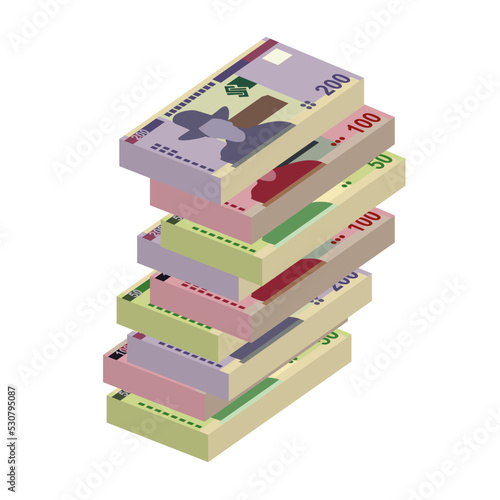 Namibian Dollar Vector Illustration. Namibia money set bundle banknotes. Paper money 50, 100, 200 NAD. Flat style. Isolated on white background. Simple minimal design.
