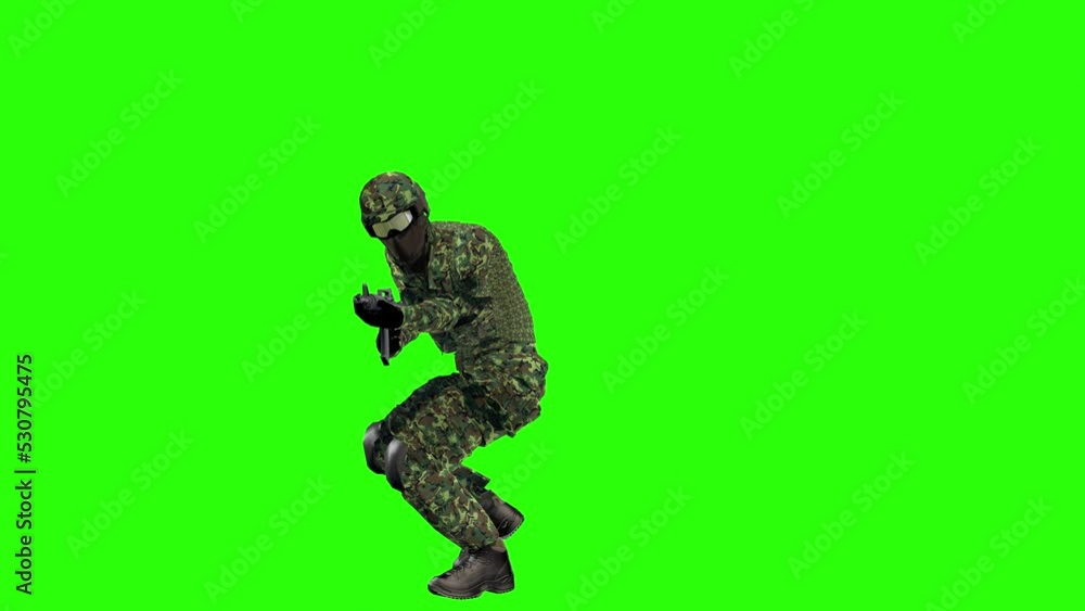 Soldier in camouflage walks with a weapon at the ready on a green background. Green screen. 3d Animation. Soldier in camouflage walks with a weapon at the ready on a green background. Green screen. 3d Animation.