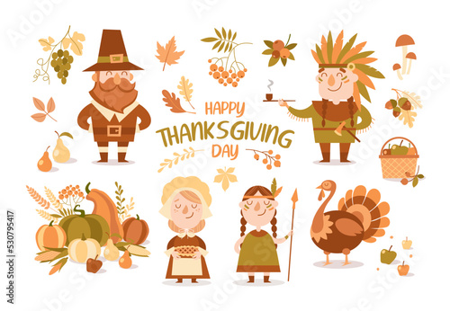 Set of cartoon isolated thanksgiving characters and elements