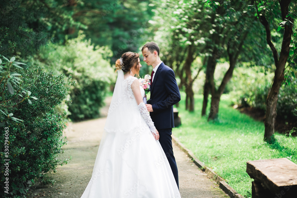 Beautiful romantic wedding couple of newlyweds hugging in park Beautiful romantic wedding couple of newlyweds hugging in park