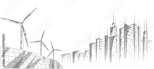Solar panels windmills turbine generating electricity. Green ecology saving environment. Renewable power low poly polygonal geonetric abstract gray white sky design vector illustration photo