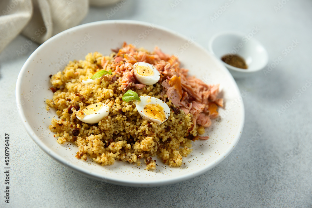 Pilau with salmon and quail eggs Pilau with salmon and quail eggs