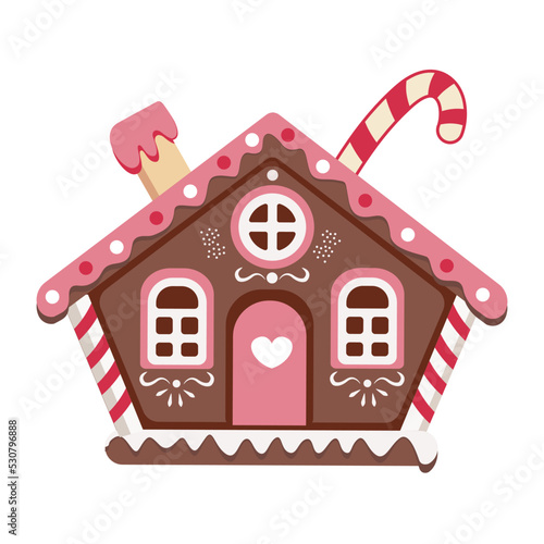 Gingerbread house with a candy cane. Vector illustration