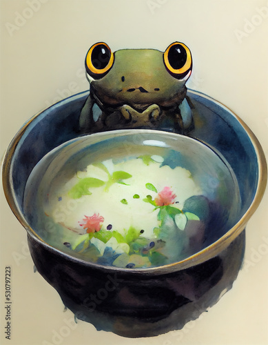 cute frog sitting in a pot of soup