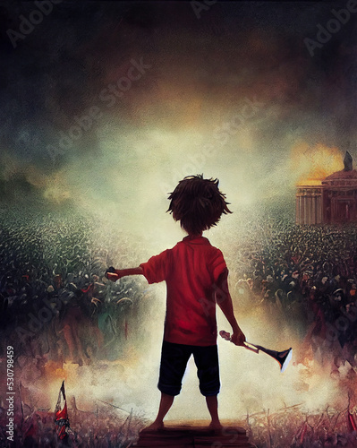 young leader with a trompet ruling the revolt in a revolution, children in a revolution