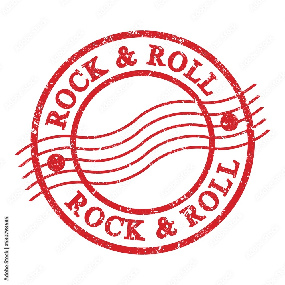ROCK & ROLL, text written on red postal stamp.