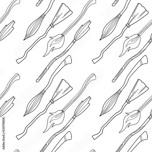 seamless pattern contour drawings, halloween witchs broom