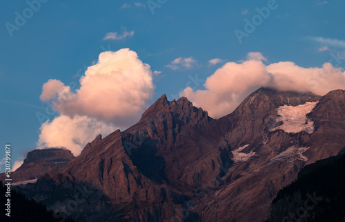 Mountain peaks at sunset in the Swiss Alps in the Kandersteg area