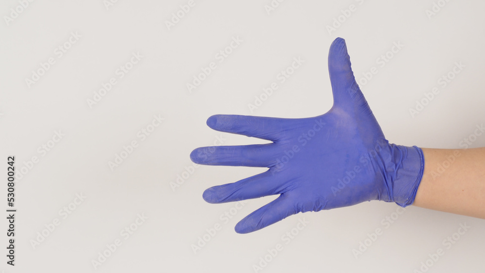 Empty Hand wear purple latex gloves on white background. Empty Hand wear purple latex gloves on white background.
