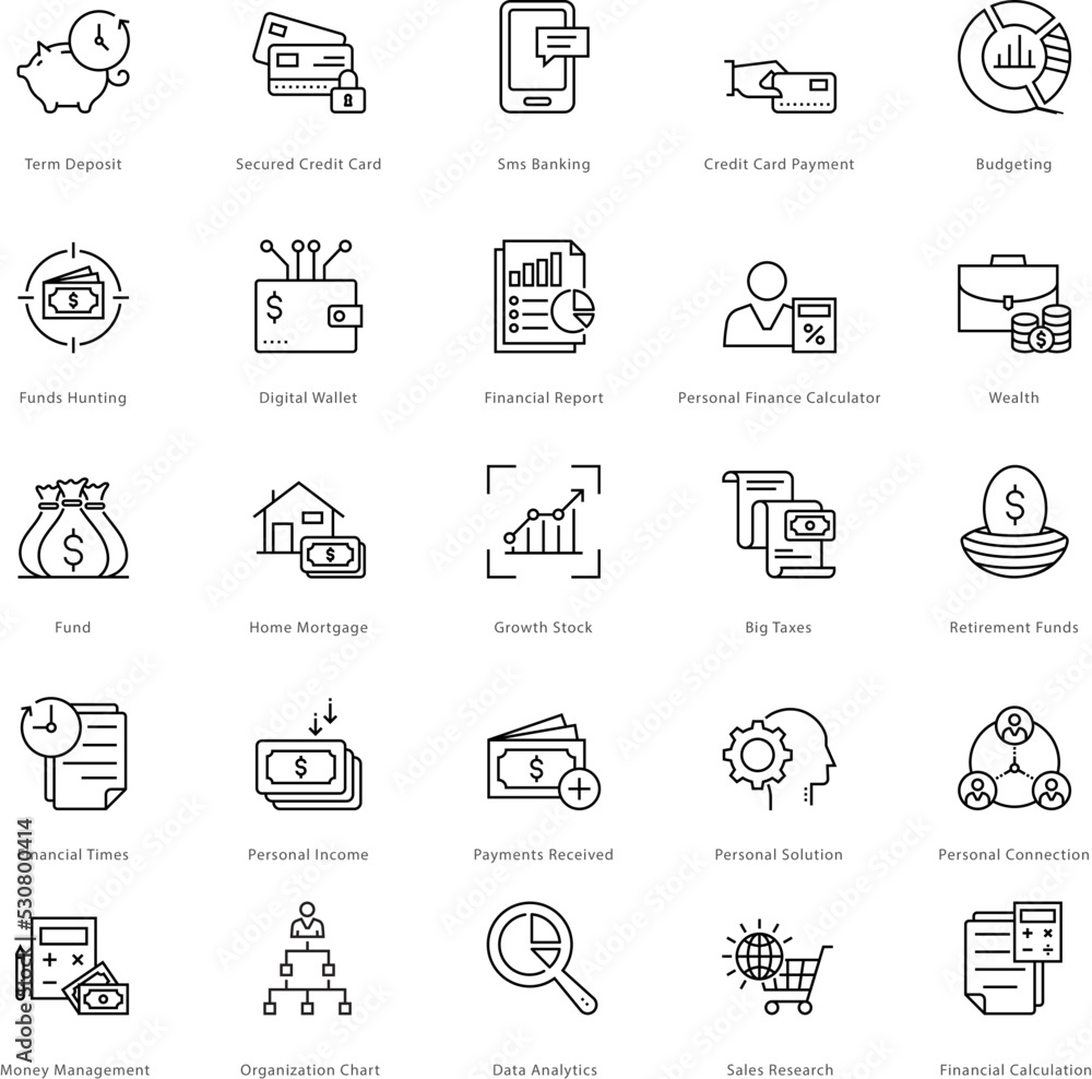 Fototapeta premium Banking and Finance Line Vector Icons
