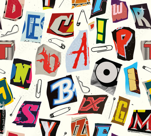 Colorful seamless vector pattern alphabet letters and numbers clippings in typographic composition with pins and clips in the style of grunge,punk and ransom color design.