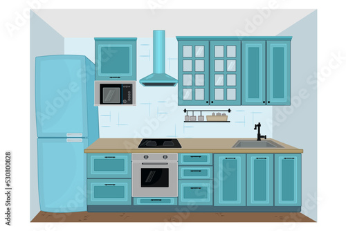 Kitchen interior. Kitchen with furniture, cupboard, fridge, stove, sink, microwave, shelf and range hood. Modules for domestic room for designing. Working surface for cooking.Stock vector Illustration
