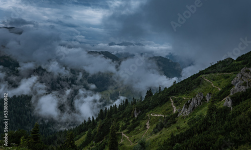 Mountain landscape in the bavarian alps, cloudy misty foggy day