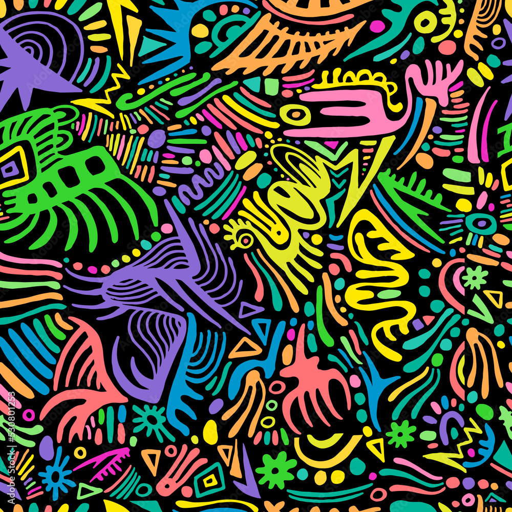 Funky psychedelic seamless pattern with amazing rainbow doodles style ornaments. Bizarre simples bright background.