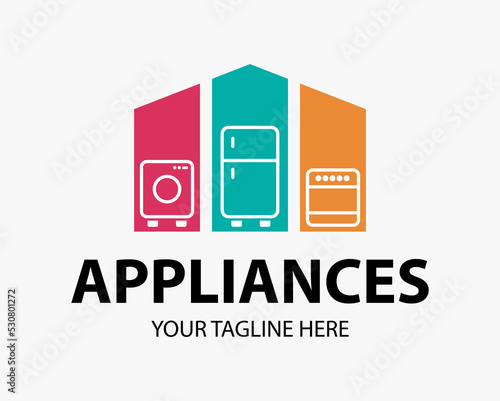 Modern minimalist home appliance store logo. Refrigerator stove and washing machine icon.